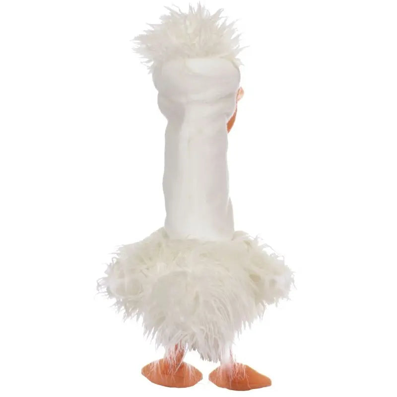 Introducing Gundula the Goose Hand Puppet—a white, fluffy puppet with a plucked chicken-like shape and an amusing, whimsical appearance. It features orange legs and feet, a fluffy body and head with no visible face, all standing upright on a white background.
