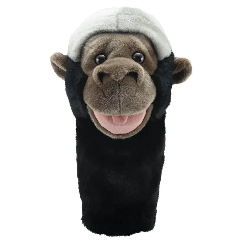 Introducing the Jumbo Friends Gorilla Hand Puppet, a plush puppet with a black body, brown face, and white head patch. Perfect for storytelling, it has an open mouth, large eyes, and visible ears—capturing a cheerful expression with charming detail.
