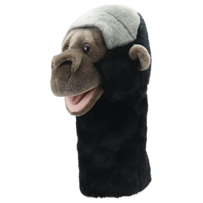 Meet the Jumbo Friends Gorilla Hand Puppet, a plush golf club headcover featuring a realistic face and fluffy black fur. With an open mouth and light gray top resembling a hat, it's perfect for storytelling on the green while protecting your clubs.