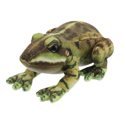 The Puppet Company Green Frog Finger Puppet from the Little Creatures Range features detailed markings and black eyes, looking ready to jump—perfect for imaginative storytime fun.