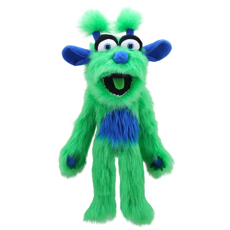 Introducing The Puppet Company Green Monster, an upright standing puppet featuring a fuzzy green exterior with blue ears, nose, and hands. Its design includes big white eyes with black pupils, bushy eyebrows, and a distinctive blue patch on its chest. With an open mouth showcasing a wide smile, this puppet is perfectly crafted to provide endless fun!