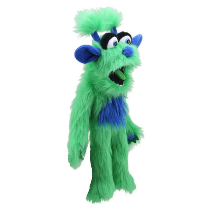 Introducing The Puppet Company Green Monster: a vibrant green puppet adorned with blue accents. This playful character features large, expressive eyes and an open mouth perfect for animated performances. It boasts tufted ears, a fluffy plume on its head, and limbs that dangle delightfully. Expertly crafted by The Puppet Company, this monster brings joy to all ages.