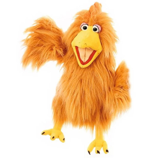 Introducing the Living Puppets Herta Hand Puppet, a fluffy orange chicken with a movable mouth, large open beak, wide eyes, and expressive yellow feet. A tuft of feathers crowns her head, captivating imaginations against the white background.