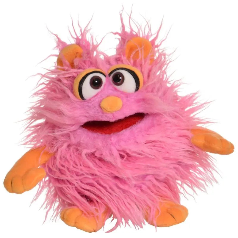 Introducing the Living Puppets Trote Hand Puppet: a fuzzy pink monster toy with big eyes, a wide mouth, fluffy fur, yellow-orange hands and feet, an adorable nose, and small pink ears with orange accents. Perfect for creative play and endless fun!.