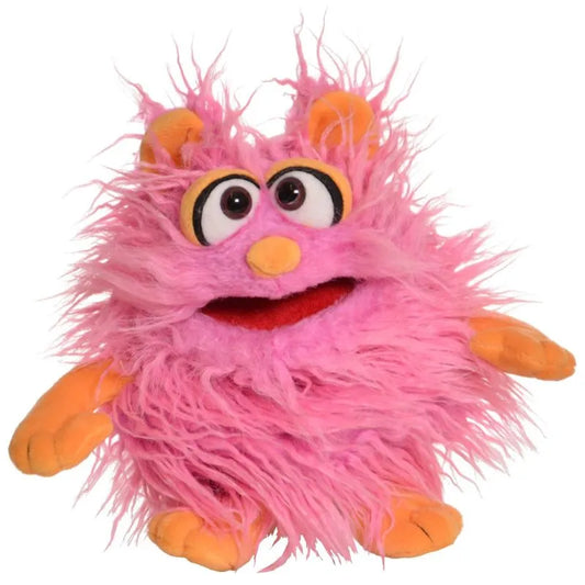 Introducing the Living Puppets Trote Hand Puppet: a fuzzy pink monster toy with big eyes, a wide mouth, fluffy fur, yellow-orange hands and feet, an adorable nose, and small pink ears with orange accents. Perfect for creative play and endless fun!.