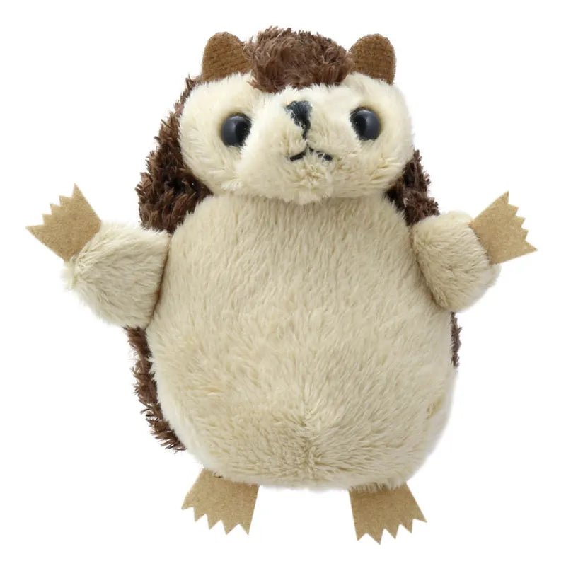 The Puppet Company Hedgehog Finger Puppet features a round beige body, brown back, tan felt feet and hands, black eyes, and raised arms—perfect as a soft plush toy or a charming finger puppet for storytelling.