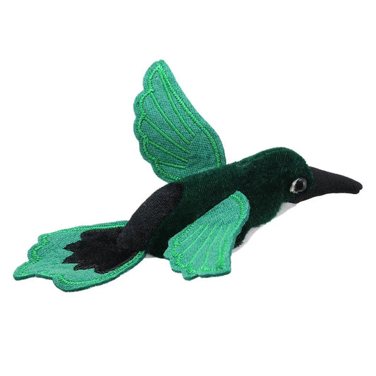 The Puppet Company Finger Puppet Hummingbird Green features vibrant green wings and tail, a black beak, and a dark body. Its slightly open wings and shiny, round eye are perfect for storytelling adventures.
