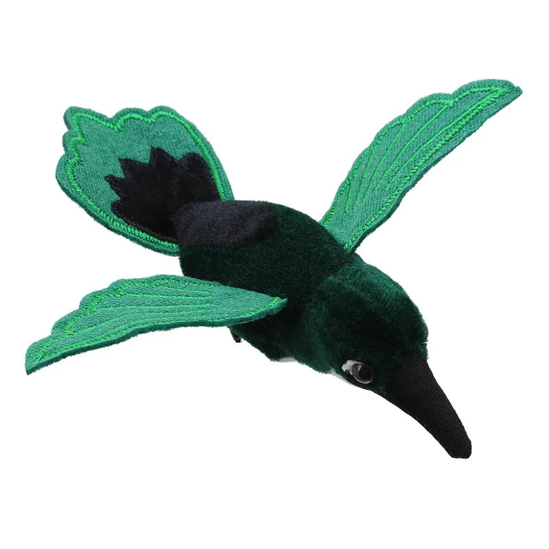 The Puppet Company Finger Puppet Hummingbird Green features vibrant green wings, a black beak, and dark eyes. Its spread wings resemble flight for storytelling magic, with a primarily dark green body and lighter wing tips.