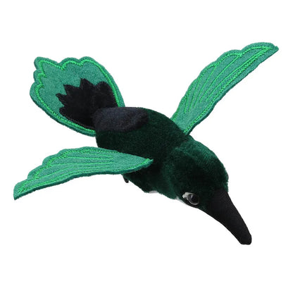 The Puppet Company Finger Puppet Hummingbird Green features vibrant green wings, a black beak, and dark eyes. Its spread wings resemble flight for storytelling magic, with a primarily dark green body and lighter wing tips.