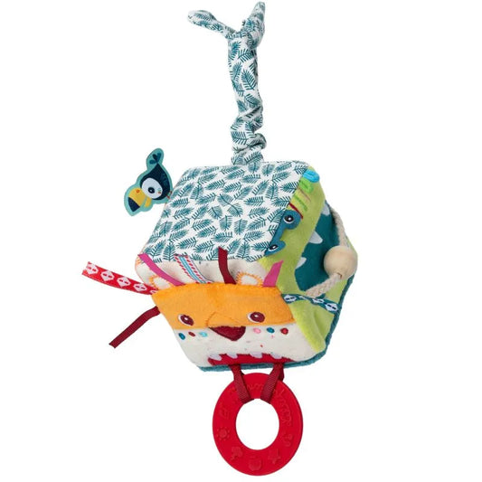 The Lilliputiens I'm Discovering Jack Activity Cube is a colorful plush toy ideal for babies. It features various textures, patterns, a red teething ring, and includes a small fabric bird with a leafy loop for hanging, promoting sensory exploration and play. Perfect as a delightful baby gift.