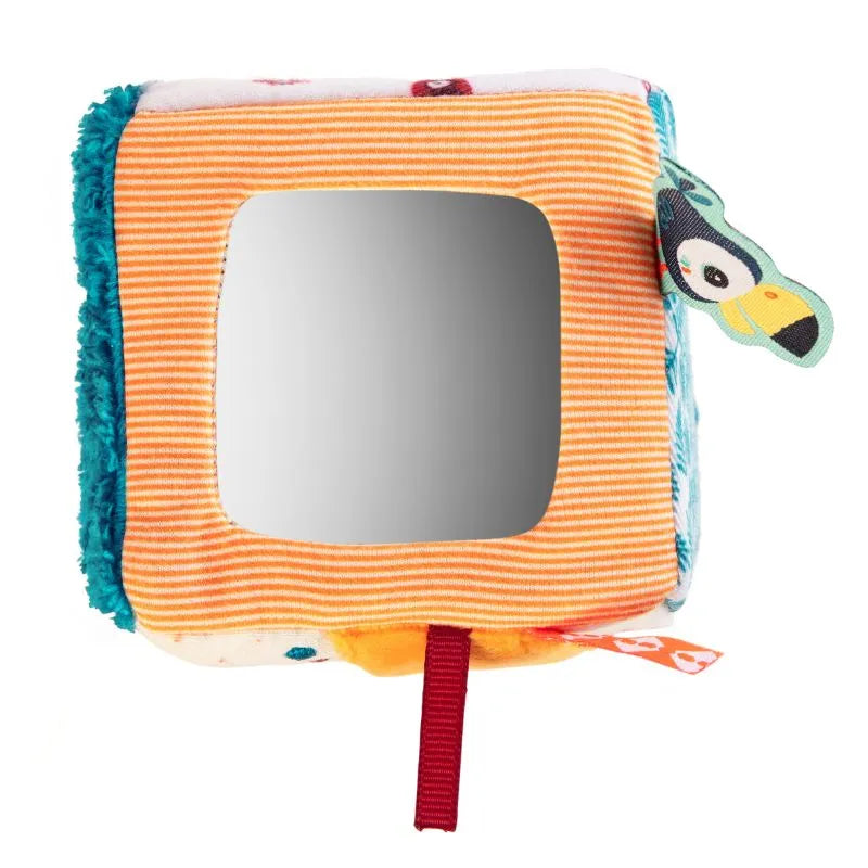 The Lilliputiens I'm Discovering Jack Activity Cube is a vibrant and soft baby toy, ideal as a first toy or gift. It includes a mirror with orange and white stripes, a small toucan detail, various blue and orange textured fabrics, and playful red and orange tags.
