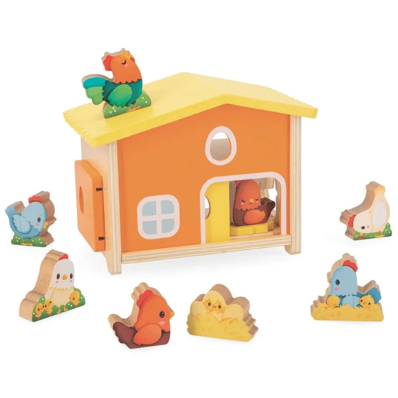 The Janod Farm - My First Chicken Coop is a wooden toddler toy featuring an orange facade, yellow roof, and colorful chicken figures—ideal for early learning and imaginative barnyard play.
