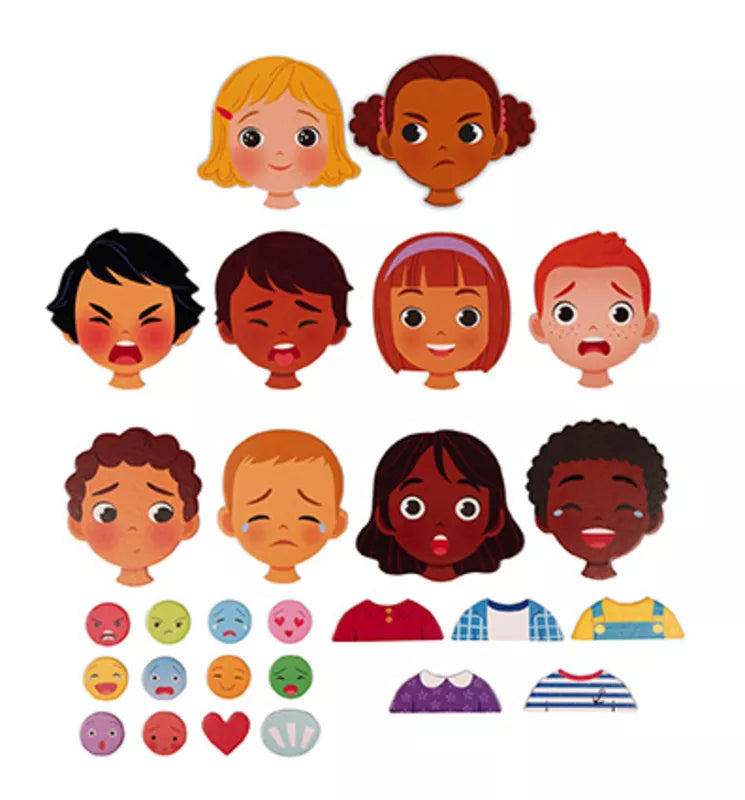 A group of people playing with the Janod Emotions Magnetic Game, each with their own expression.