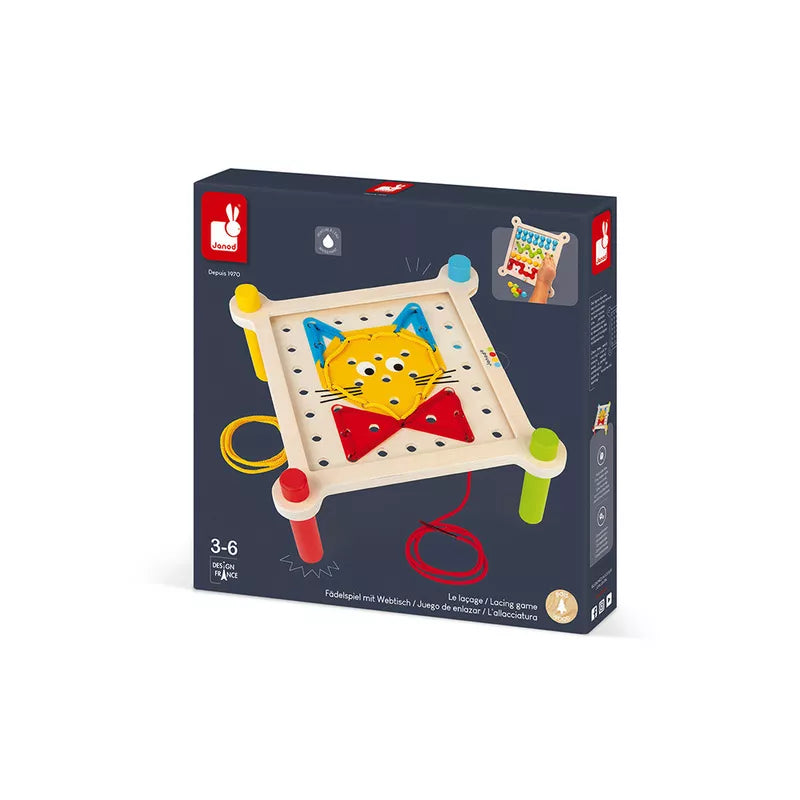 A Janod Lacing game with a cat on it.