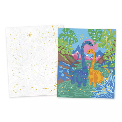 A Janod Paint By Numbers Watercolor Dinosaurs card with a picture of a dinosaur and a bird.