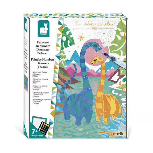 A Janod Paint By Numbers Watercolor Dinosaurs box with a picture of a dinosaur and a giraffe.