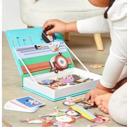 A little girl playing with a Janod Magnetibook - Sports.