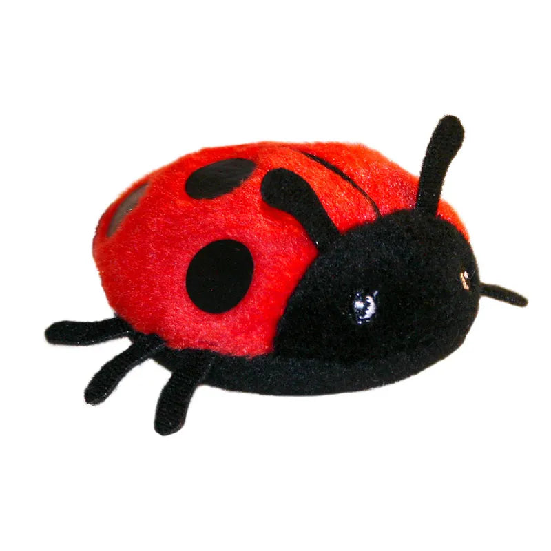 Introducing The Puppet Company Ladybird Finger Puppet: a charming plush storytelling toy with a red body adorned with black spots and a black head. It features black antennae and legs, along with shiny eyes, giving it an adorable, cartoon-like look that is ideal for creative play.