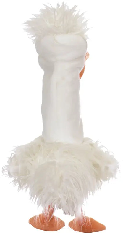 Gundula the Goose Hand Puppet is a white plush puppet with fluffy feathers and two orange feet, shown from the back—perfect for puppet shows and imaginative play.