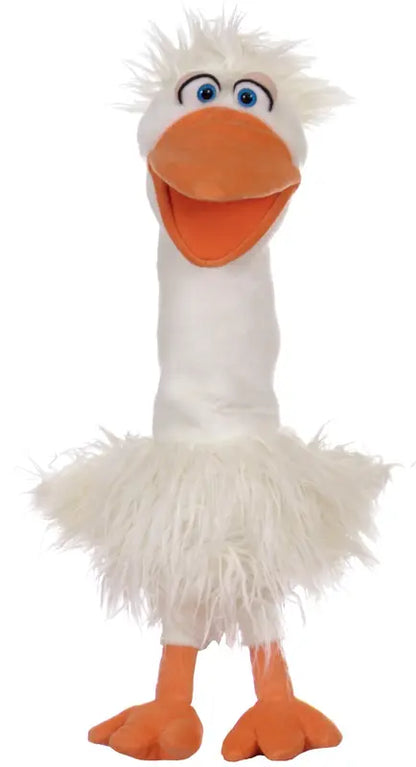 Gundula the Goose Hand Puppet is a plush white bird with fluffy feathers, a long neck, orange beak and legs, blue eyes, and a cheerful face—ideal for lively puppet shows.