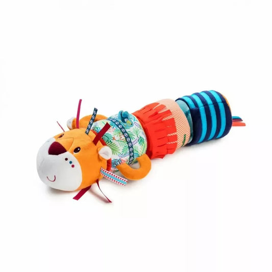 Colorful plush entertainer toy with a smiling lion's face and various textured segments designed for sensory exploration, such as the Lilliputiens Jack Sound Roll.