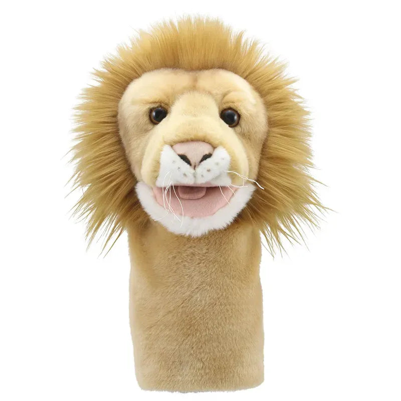 The Jumbo Friends Lion Hand Puppet boasts a fluffy brown mane, expressive eyes, and an open mouth for roaring or talking. Its upright posture showcases the realistic fur texture on a plain white background, making it perfect for role play.