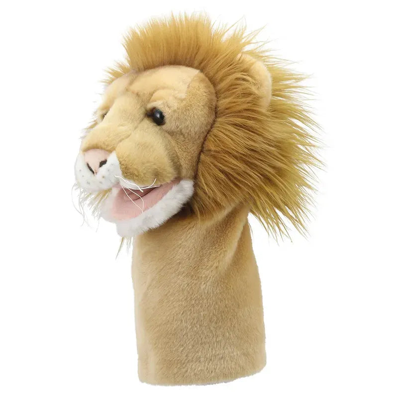 The Jumbo Friends Lion Hand Puppet is a plush toy with a lifelike design, featuring a light brown mane, detailed stitched features, and an open mouth showing a white interior and pink tongue, ideal for role-play adventures against a plain white backdrop.