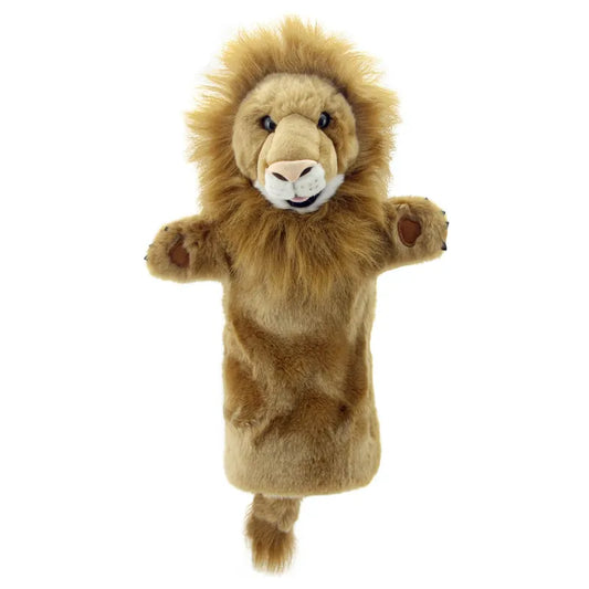 The Puppet Company Long Sleeved Puppet Lion features a fluffy mane, tan fur, white snout, and brown eyes. Perfect for storytelling and interactive play, this plush lion hand puppet makes an ideal addition to any puppet theatre.