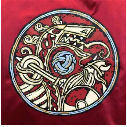 A creative Liontouch Viking Cape with an image of a dragon on it.