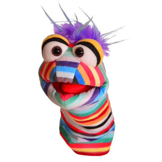 The Living Puppets Schnap Hand Puppet features big eyes, purple hair, and vibrant multi-colored stripes—ideal for creative play—shown against a plain white background.