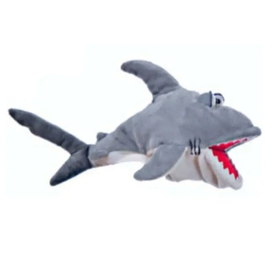 Fischmäk the Shark Hand Puppet is a soft, cuddly plush toy shaped like a gray shark with a white underside, red mouth, white felt teeth, embroidered eyes, fins, and tail—perfect for playful storytelling.