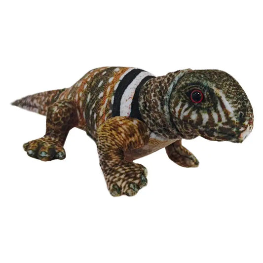 The Puppet Company Lizard Finger Puppet from the Little Creatures Range features a patterned brown, green, and white body with a long tail—ideal for nature-loving kids or puppet collections. Shown on a white background.