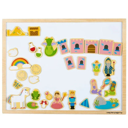 The Bigjigs Magnetic Board is a creative platform with colorful magnets, including a castle, dragon, treasure chest, rainbow, princess, unicorn, wizard, frog, mermaid, and magical items. Its natural wood frame enhances this imaginative educational activity.