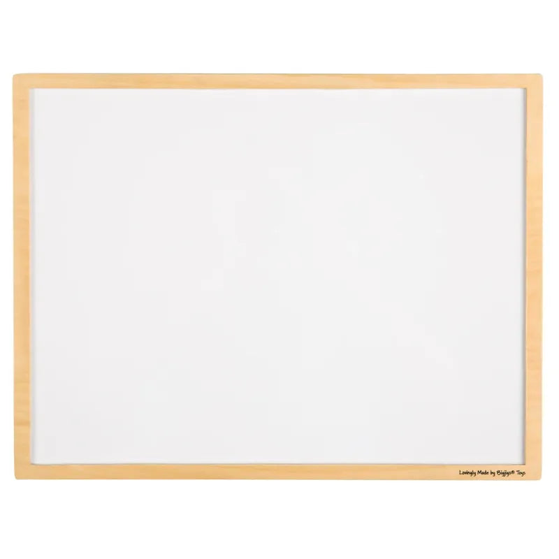 The Bigjigs Magnetic Board features a blank rectangular surface with a light wooden frame, ideal for writing or drawing. Versatile and perfect for creative activities, it stands against a plain white background, offering endless possibilities.