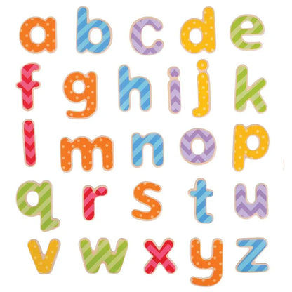 Bigjigs Magnetic Letters (Lowercase) features colorful, wooden alphabet letters with unique polka dot, stripe, and zigzag patterns on white backgrounds—making them an engaging educational toy.