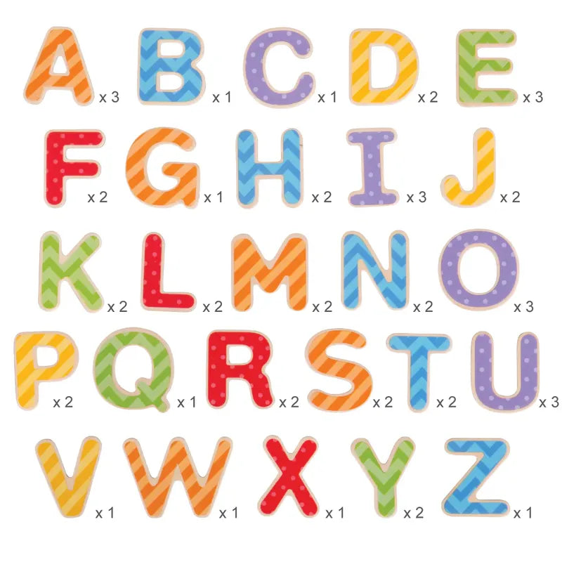 The Bigjigs Magnetic Letters (Uppercase) set features colorful letters A to Z in patterns like stripes, polka dots, and solids. Each magnetic letter is marked with quantities "x3," "x2," or "x1," making it an engaging educational toy.