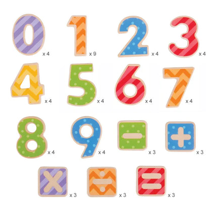 The Bigjigs Magnetic Numbers set includes colorful wooden numbers 0-9 with fun patterns and features math symbols like plus, minus, multiplication, and equals to engage young learners.