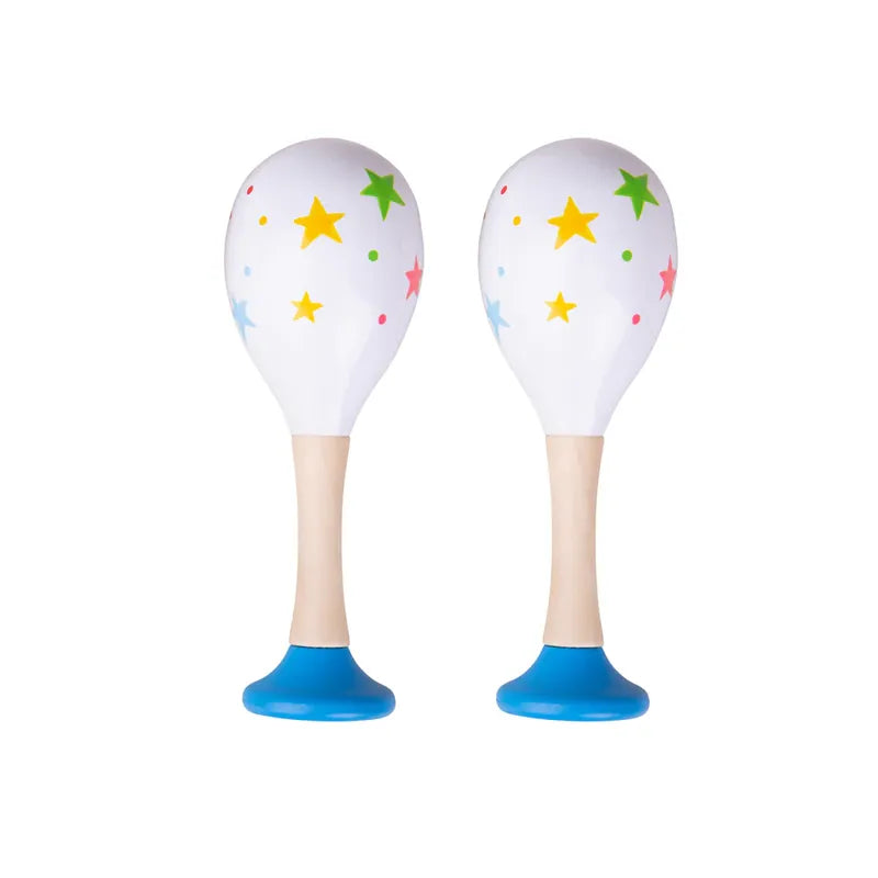 The Bigjigs Junior Maracas Blue are shown with white tops featuring colorful stars and dots, ideal for toddlers. They have light wooden handles and blue bases, isolated on a white background, making them a perfect music toy.