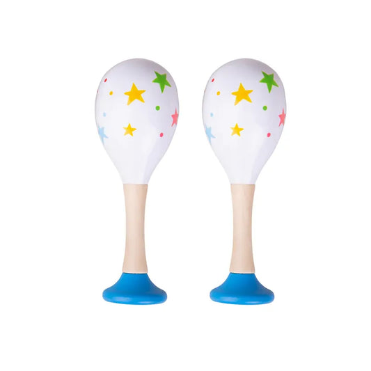 The Bigjigs Junior Maracas Blue are shown with white tops featuring colorful stars and dots, ideal for toddlers. They have light wooden handles and blue bases, isolated on a white background, making them a perfect music toy.