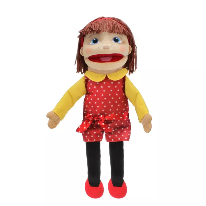 A tall Hand Puppet of a  Girl with Light Skin Tone, mouth moving and 57cm tall. Colourful clothes and detailed embroidered features and hair.