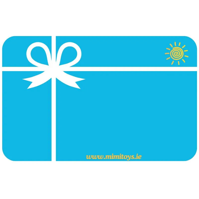 A blue Mimitoys Gift Card with a white bow design. There's a small yellow sun icon in the upper right corner. The text "www.mimitoys.click" is written in yellow at the bottom center of the card.