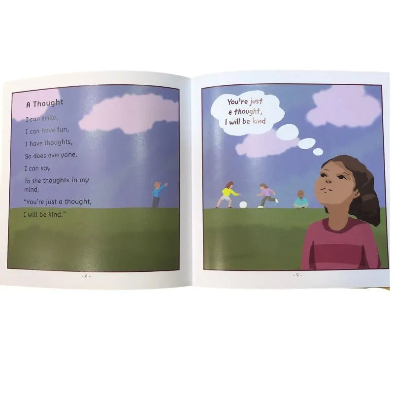 An open children’s book, "Meaningful Mindful Poetry 5 to 8 Years," displays a poem titled "A Thought" on the left and an illustration of a girl with kids playing soccer in a grassy, cloud-filled field on the right, reflecting mindful themes for children.