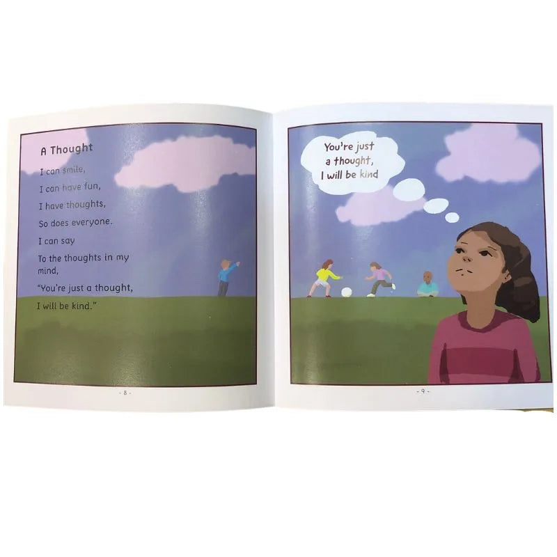 The book "Meaningful Mindful Poetry 11 to 14 Years" features an illustrated girl outdoors reflecting, "You're just a thought, I will be kind," with kids playing nearby and poems on kindness and choosing kind thoughts on the left page.