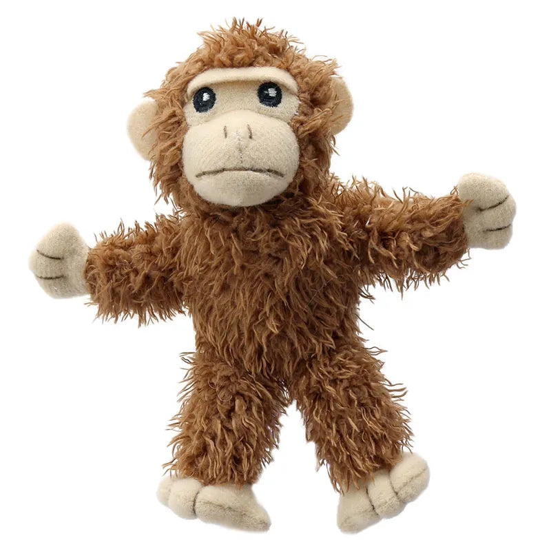 The Puppet Company Monkey Finger Puppet is a brown plush toy with a fluffy texture, large eyes, and an expressive face. Its outstretched arms and legs give it a playful look, perfect for storytime. Suitable for children aged 12 months and older.