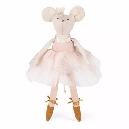 a Moulin Roty Tutu Suitcase wearing a pink dress and ballet shoes.