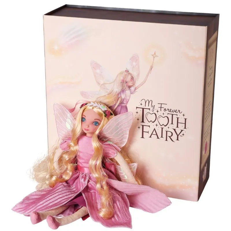 A blonde Tooth Fairy Doll in a pink dress and wings sits before the "My Forever Tooth Fairy Gift Set" box, making it an ideal Tooth Fairy gift complete with an illustrated fairy holding a wand.