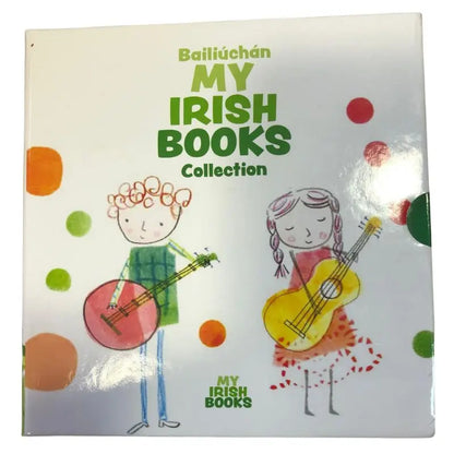 A book cover for "My Irish Books Bailiúcháin 7 Books" featuring playful illustrations of a boy and girl with guitars, colorful dots, and bilingual English-Irish text—ideal for fans of Irish children's books.