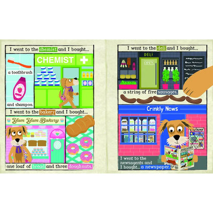 Crinkly Cloth Book Let's Go Shopping is an interactive baby book featuring illustrated pages of a dog shopping at the chemist, bakery, and deli, then reading at the newsstand. A delightful birth present!.