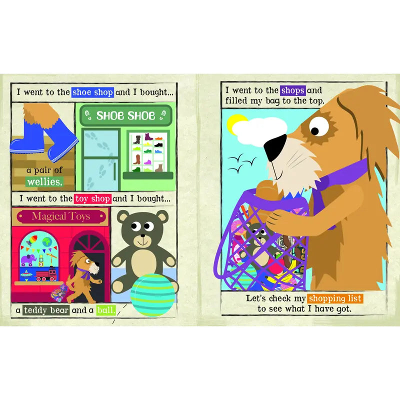 Crinkly Cloth Book Let's Go Shopping features a dog shopping for wellies, a teddy bear, and a ball. On the seaside, the dog carries its full bag and checks its list—a perfect interactive birth present for little ones.