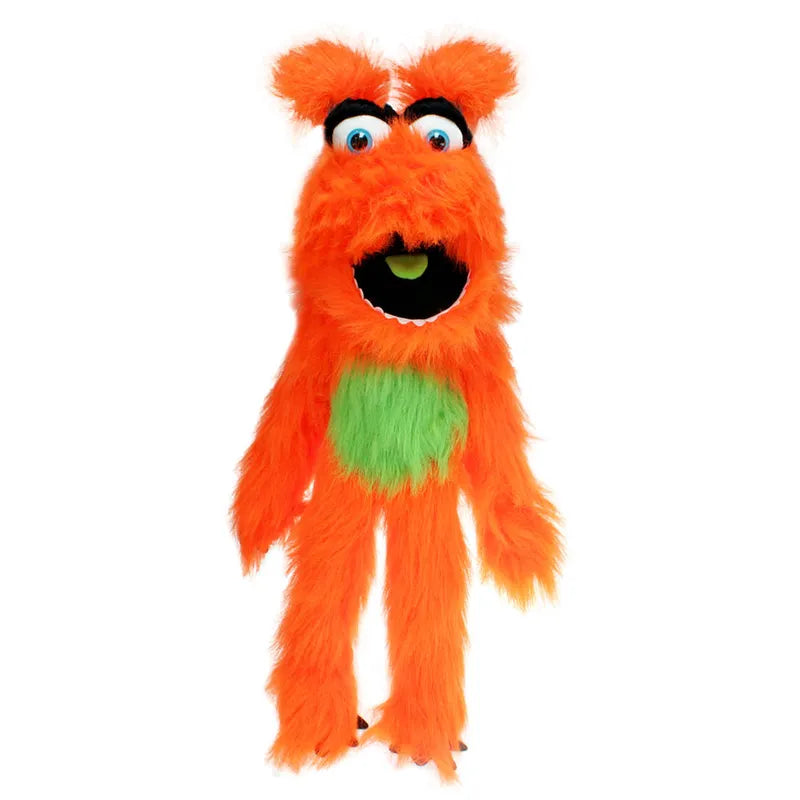 The Puppet Company Orange Monster stands upright against a white background, featuring large blue eyes, black eyebrows, a wide open mouth, and a green patch on its belly—an ideal addition to any Monster Puppets collection.